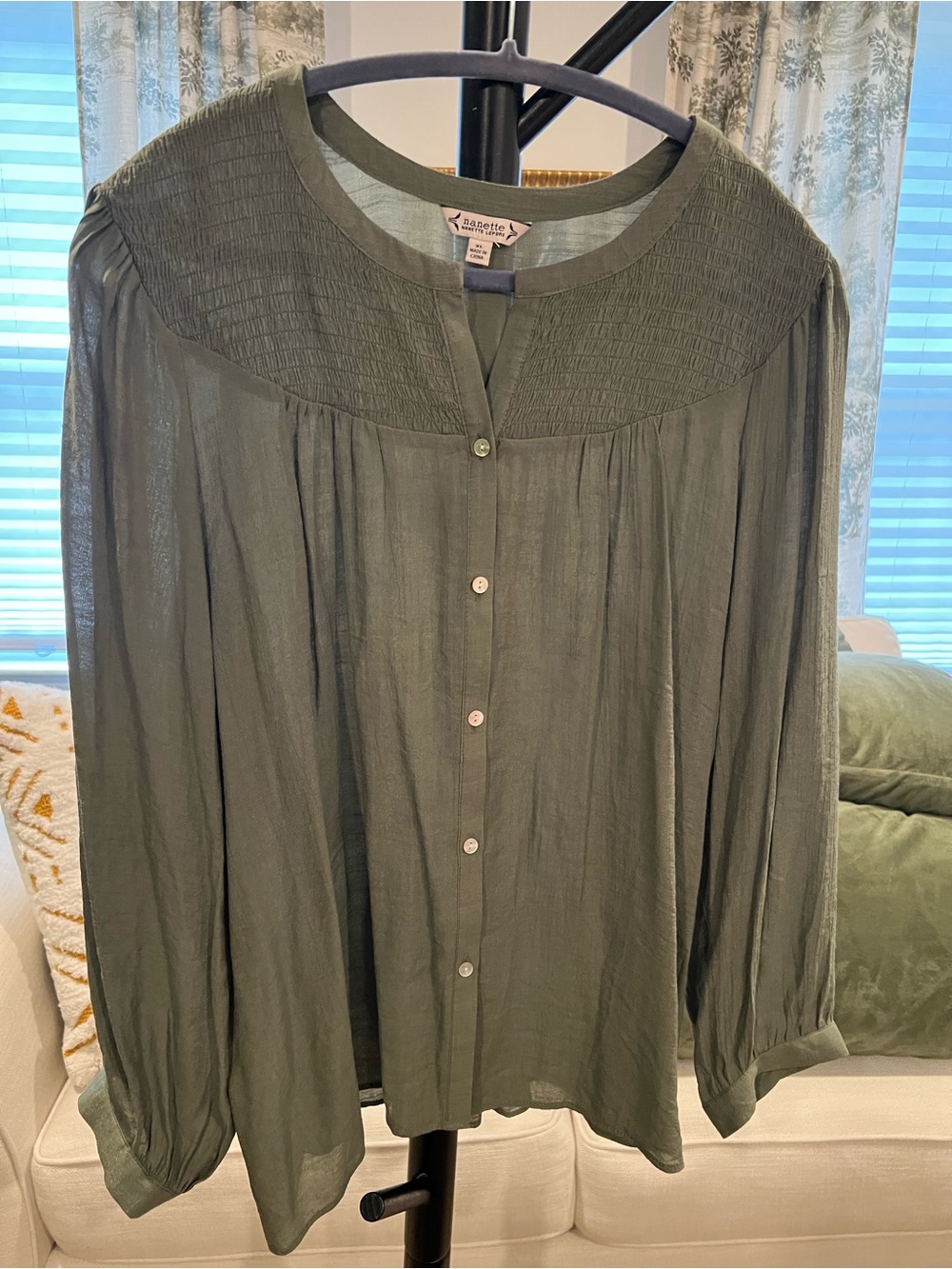 Nanette Lepore Olive Green Button-Down Peasant Blouse